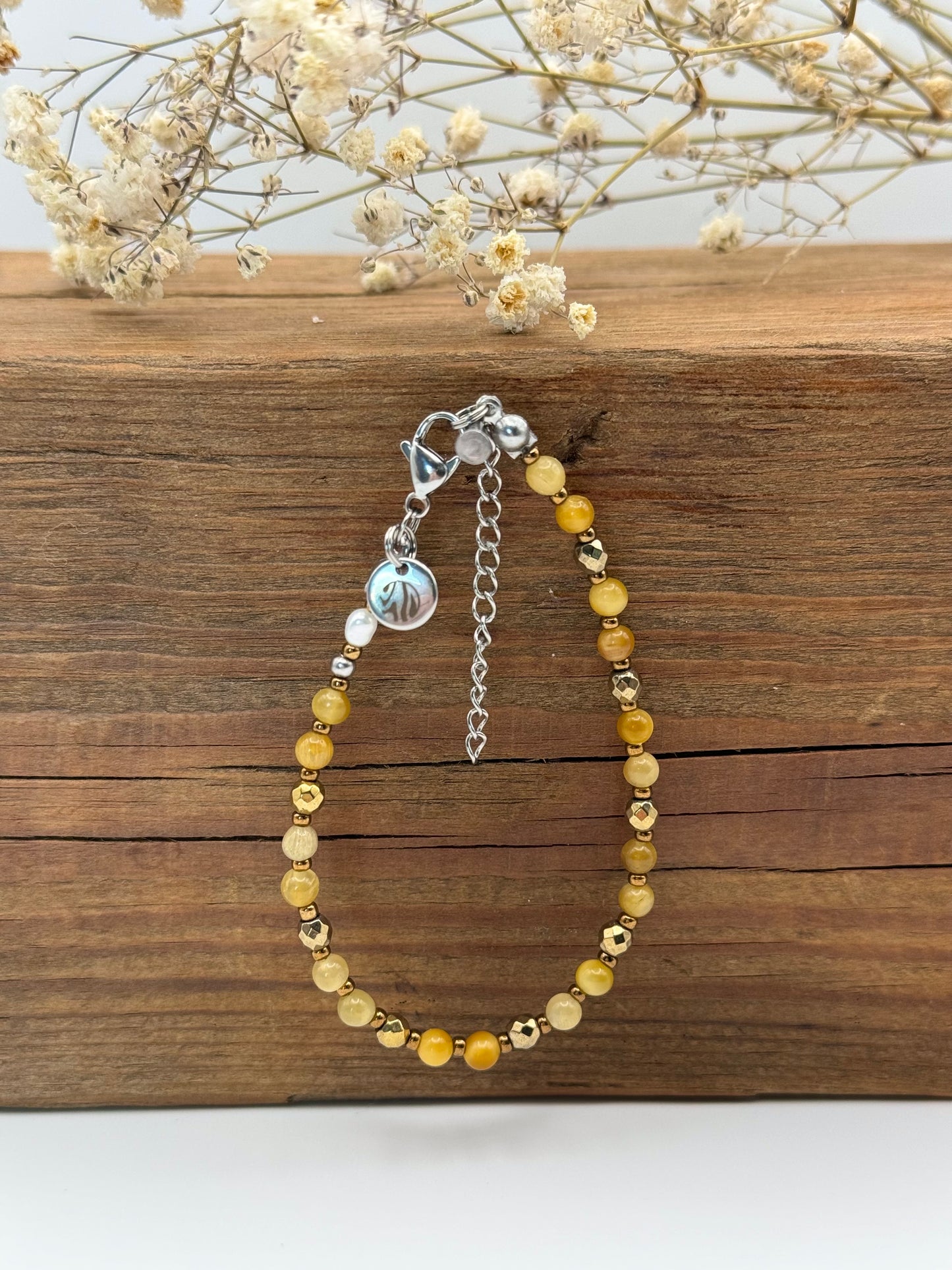 Edelsteinarmband "Facette Yellow" aus gelben Tigerauge und goldenen Hämatit